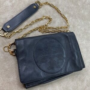 Tory Burch‎ kipp Black Leather Perforated Logo Chain Shoulder Bag Clutch